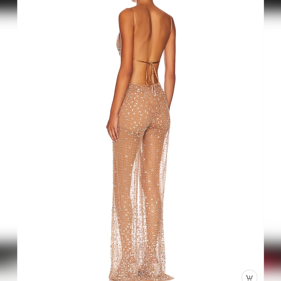 Sexy Straps Perspective Mesh Crystal Diamond jumpsuit Women Apricot Sleeveless - Picture 3 of 7